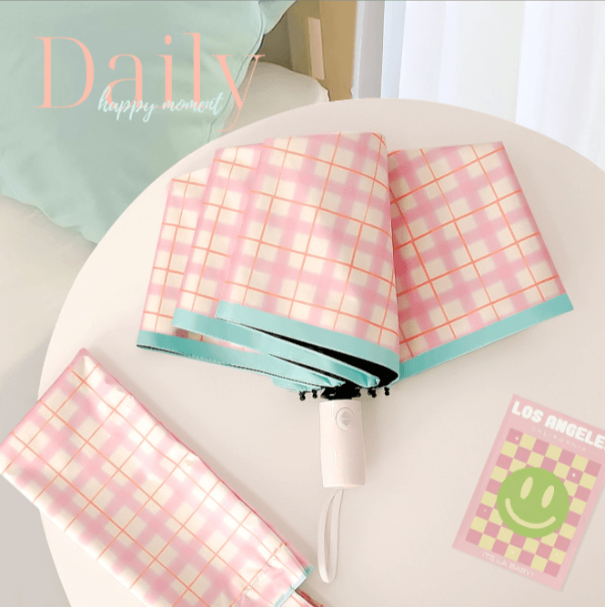 Sød Pink Plaid Auto Open Folding Paraply